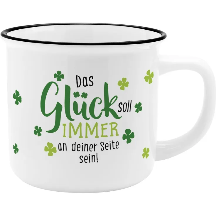 GRUSS & CO Becher Motiv Glück | New Bone China Porzellan, Emaille-Optik, 35 cl | Geschenk lustig, Glücksbringer | 73931