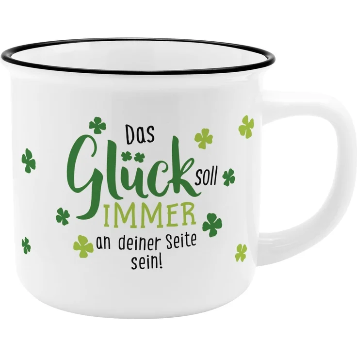 GRUSS & CO Becher Motiv Glück | New Bone China Porzellan, Emaille-Optik, 35 cl | Geschenk lustig, Glücksbringer | 73931
