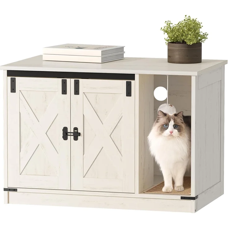 Katzenschrank, Katzentoilette, Katzenklo Schrank, Versteckte Katzentoilette Kabinett Möbel mit Katzenglocke, Indoor-Katzenhaus, 80 x 50 x 53 cm, für Flur, Schlafzimmer, Weiß – Bild 2