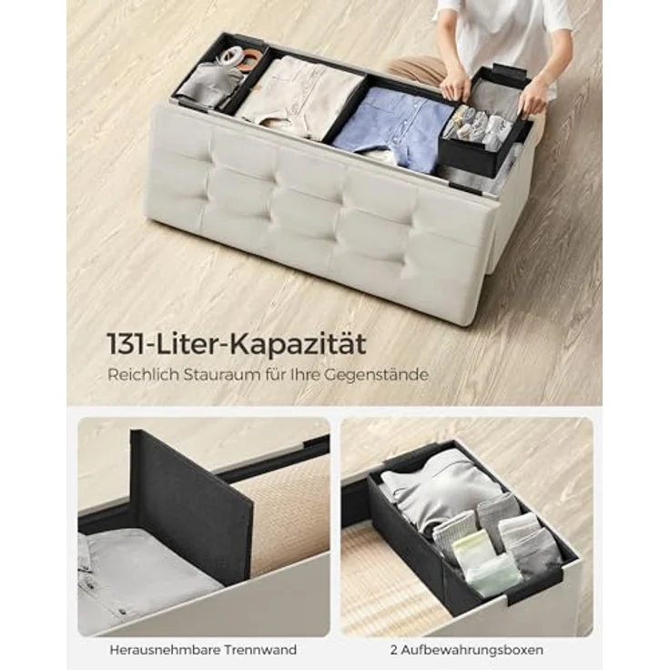 SONGMICS Sitzhocker mit Stauraum, klappbare Sitzbank, 38 x 110 x 38 cm Fußbank, Aufbewahrungsbox, bis 300 kg belastbar, für Wohnzimmer Schlafzimmer Flur, cremeweiß LSF277W01 – Bild 7