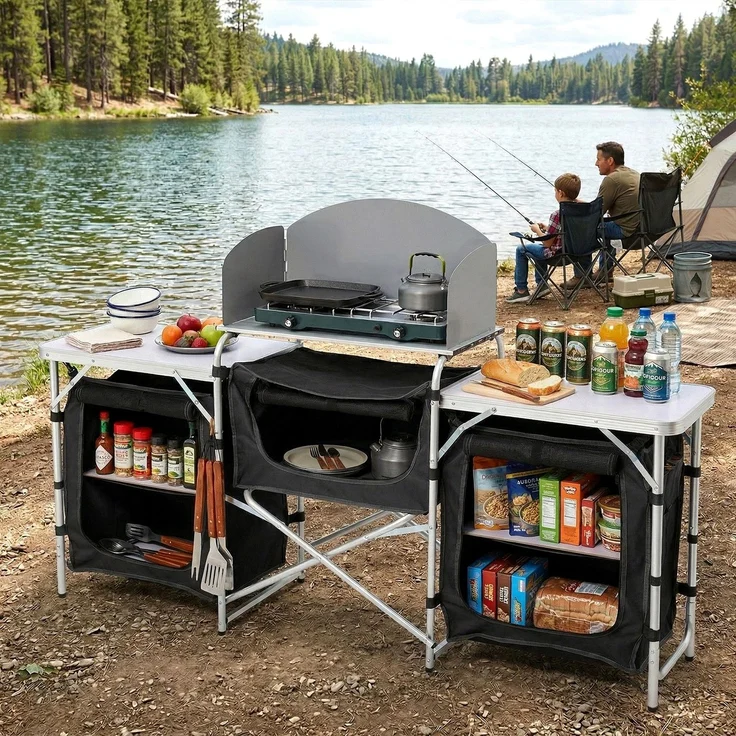 Sekey Campingschrank XXL Faltbar Campingküche mit Aluminiumgestell inkl. Windschutz und Tragetasche, Schwarz – Bild 8