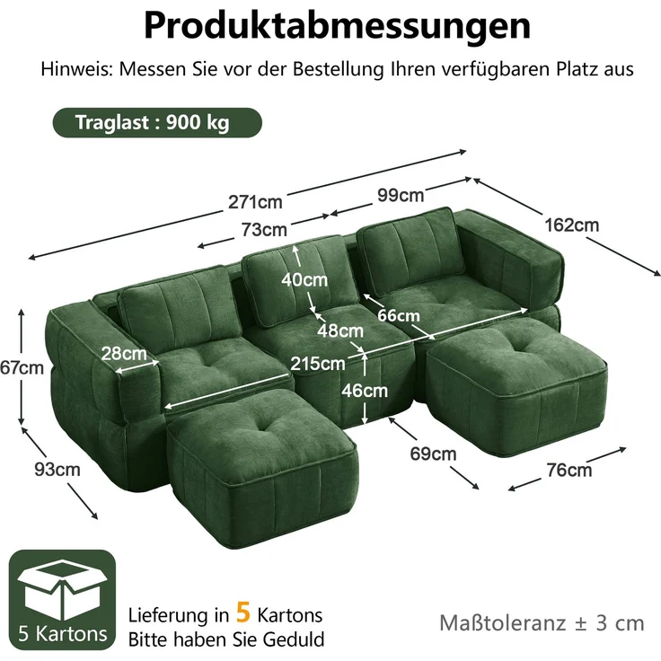 EINHOM 3-Sitzer U-förmiges Modulsofa mit 2 Hockern, ohne Gestell, 32D-Hochdichteschaum, tiefe Sitzfläche, hautfreundlicher, weicher Stoff, ideal für Wohnzimmer, keine Montage erforderlich, Grün – Bild 2