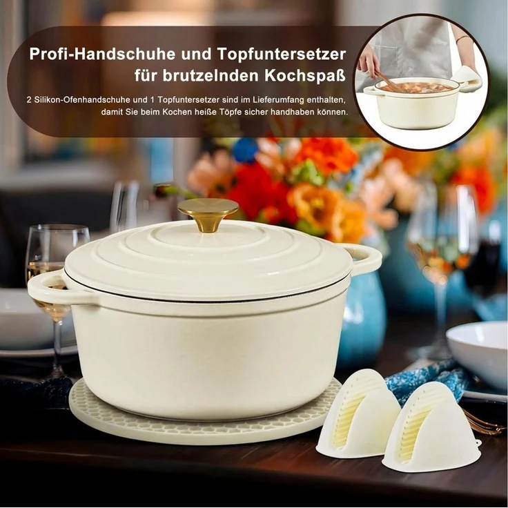 Zedelmaier Bräter Gusseisen Topf 22/24/26/28cm Incl. Silikon Topflappen Topfuntersetzer, (Set, 1 Pot mit 1 lid, 2 Ofenhandschuhe, 1 Topfuntersetzer), Backofengeeignet Induktionsgeeignet Zum Braten, Schmoren, Kochen – Bild 3