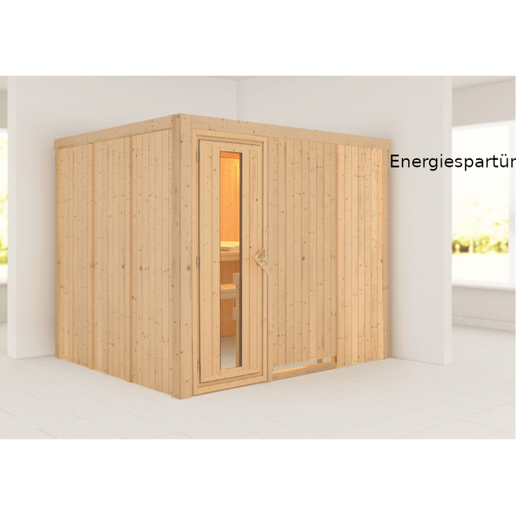 Karibu Sauna Gobin mit Dachkranz + 9kW Saunaofen mit integrierter Steuerung Bronzierte Ganzglastür – Bild 4