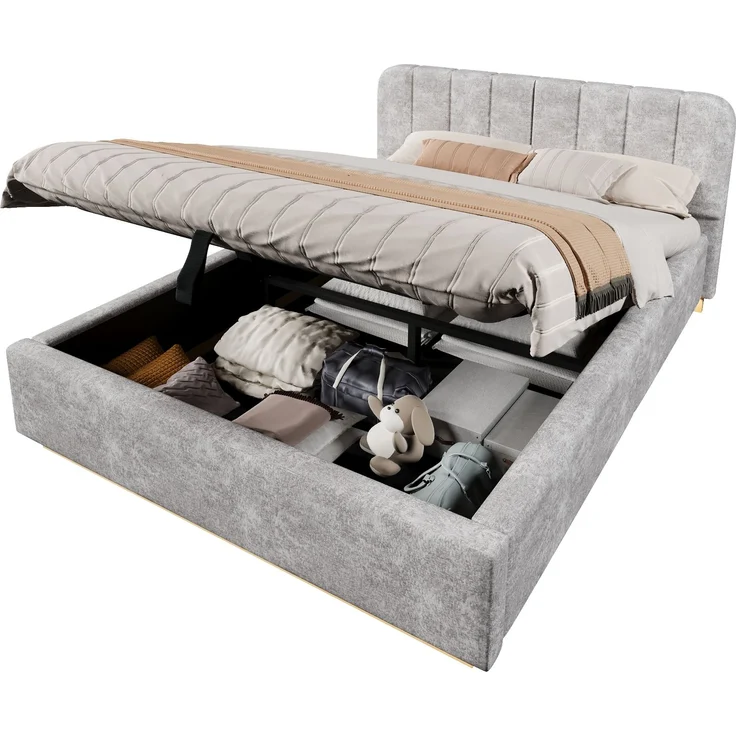 Polsterbett, Doppelbett, 140 x 200 cm, Bett mit Lattenrost, Kopfteil,Gepolstertes Kopfteil,Hydraulische Lagerung, Mit LED-Lichtleiste, Ohne Matratze, Hellgrau Chenille – Bild 6