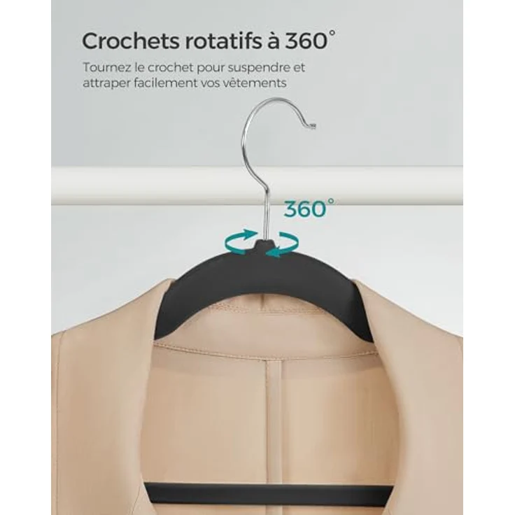 SONGMICS Kleiderbügel Samt, 100er Set, Bügel, Jackenbügel, 41,5 cm breit, Anzugbügel, dünn, gut belastbar, um 360° drehbarer Haken, für Mäntel, Hemden und Anzüge, Schwarz/Weiß CRF026B100 – Bild 8