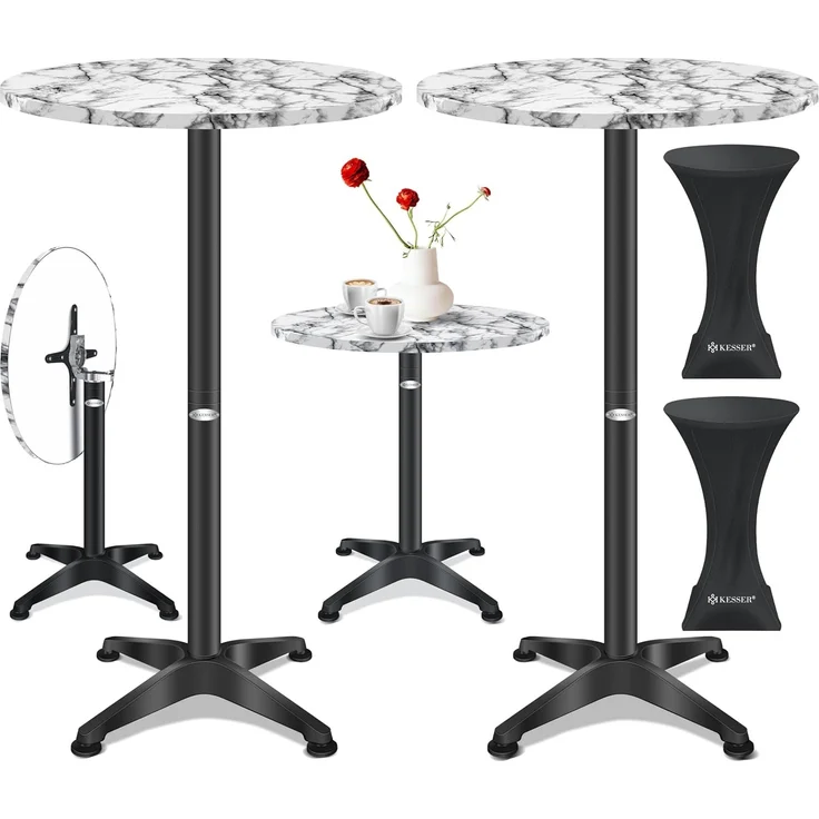KESSER® 2in1 Stehtisch klappbar Bistrotisch 2er Set | Aluminium Edelstahlplatte | höhenverstellbar 70cm / 115cm | Partytisch Tisch Ø 80cm | In- & Outdoor Empfangstisch | Klapptisch mit Cover Marmor – Bild 1