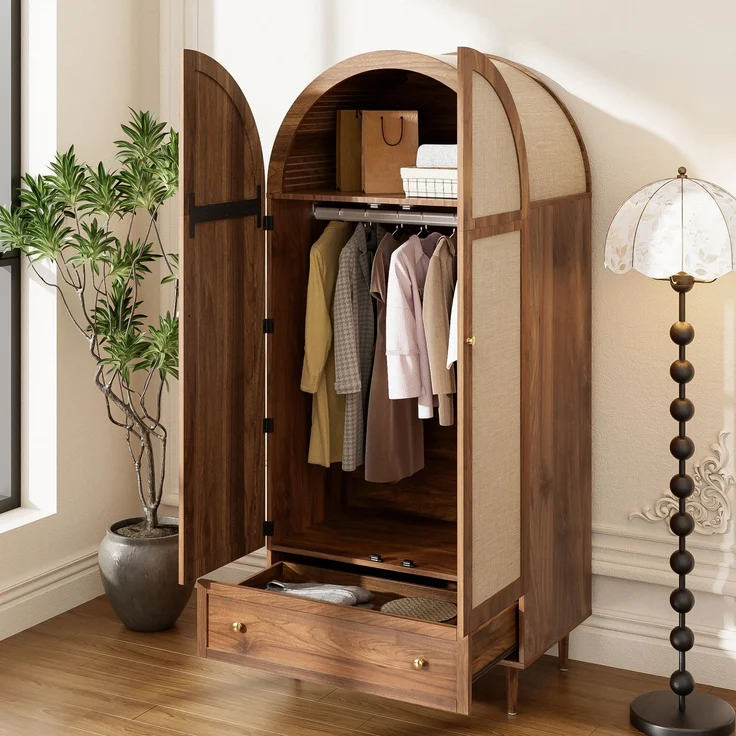 Kleiderschrank mit Schubladen, Holztüren mit Leinenstoff-Bezug, großer Stauraum, Garderobenschrank für Schlafzimmer, moderne Aufbewahrungslösung--Holz--79x50x175cm--YOUDENOVA – Bild 5