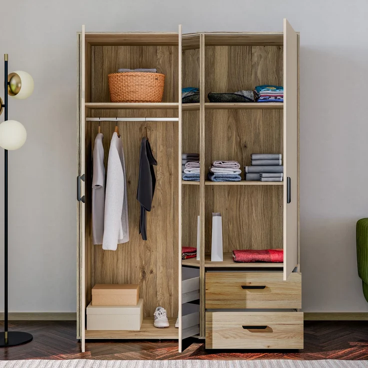 Forte MOKKARO Kleiderschrank 140 150, moderner Drehtürenschrank, 3-türig, 2 Schubladen, Spiegel, Mauvella Eiche Holzdekor|Kaschmir Beige, 144,4 cm breit x 200,1 cm hoch x 52,7 cm tief – Bild 9