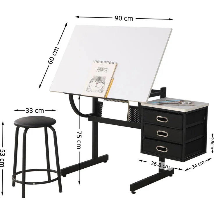 Zeichentisch mit neigbarer Arbeitsplatte & 3 Stoffschubladen, 90x60 cm, Weiß – Bild 4