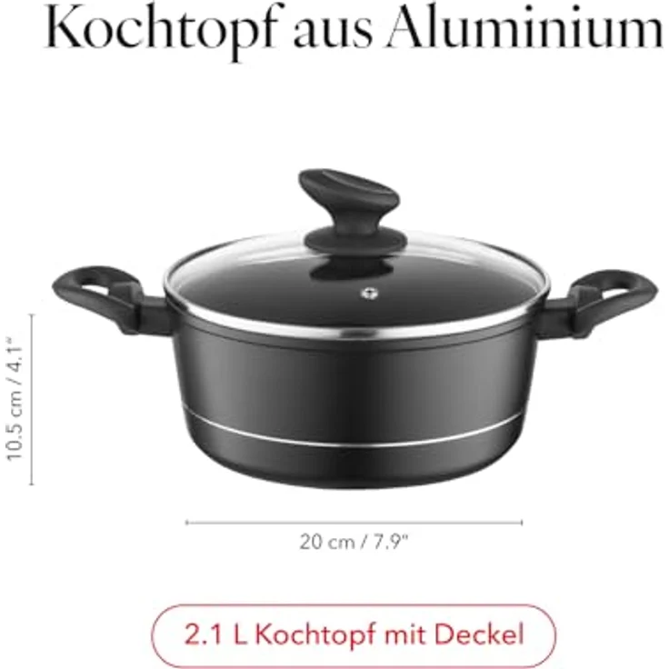 FLORINA Aluminium Topf (2,1 l) 20 cm I Kochtopf DELUX mit Glasdeckel I Messbecher & Antikratz-Beschichtung I Topf mit Induktionsboden I Geeignet für Induktionsherd, Gasherd und Elektroherd (Schwarz) – Bild 3