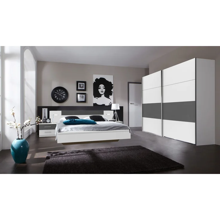 Komplettschlafzimmer >ANGIE< in WEISS + GRAPHIT - 519x208x210cm (BxHxT) – Bild 1