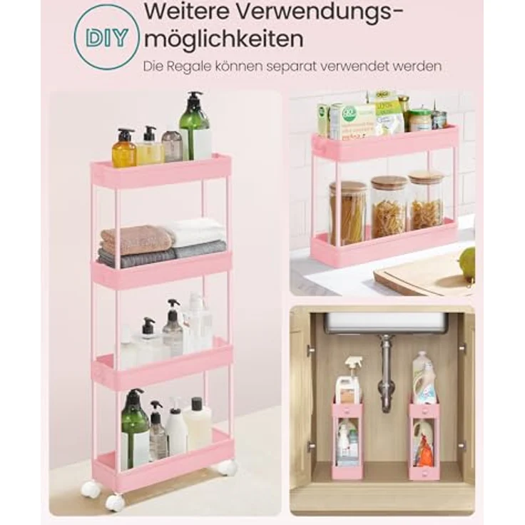 SONGMICS Rollwagen, Küchenwagen mit 4 Ebenen, Küchenregal, Nischenregal, mit 6 Haken, 360° drehbare Räder, Stahlgestell, Bad, Küche, Büro, pastellrosa KSC008R01 – Bild 7