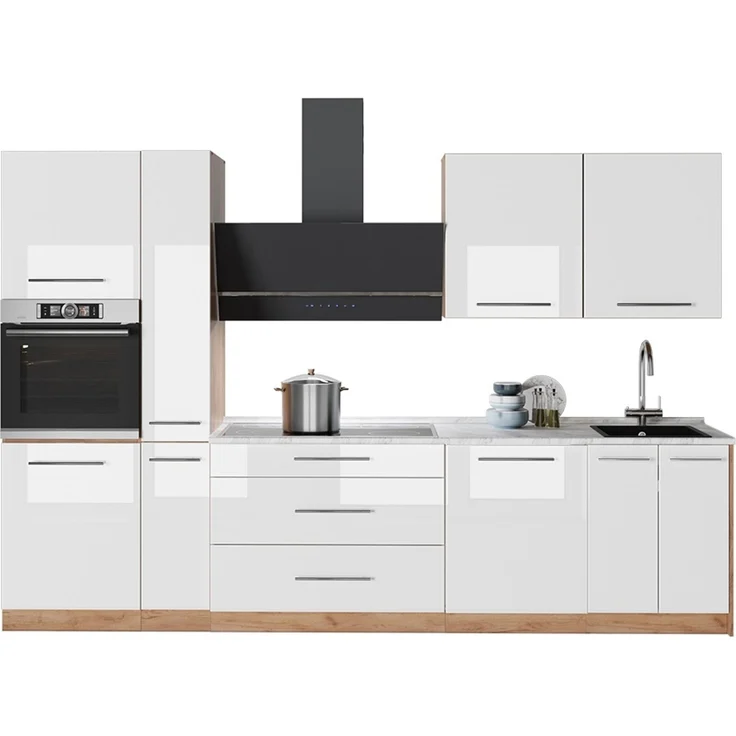 Küchenzeile Fame-Line Weiß Hochglanz/Goldkraft Eiche 310 cm, AP Eiche Vicco – Bild 4