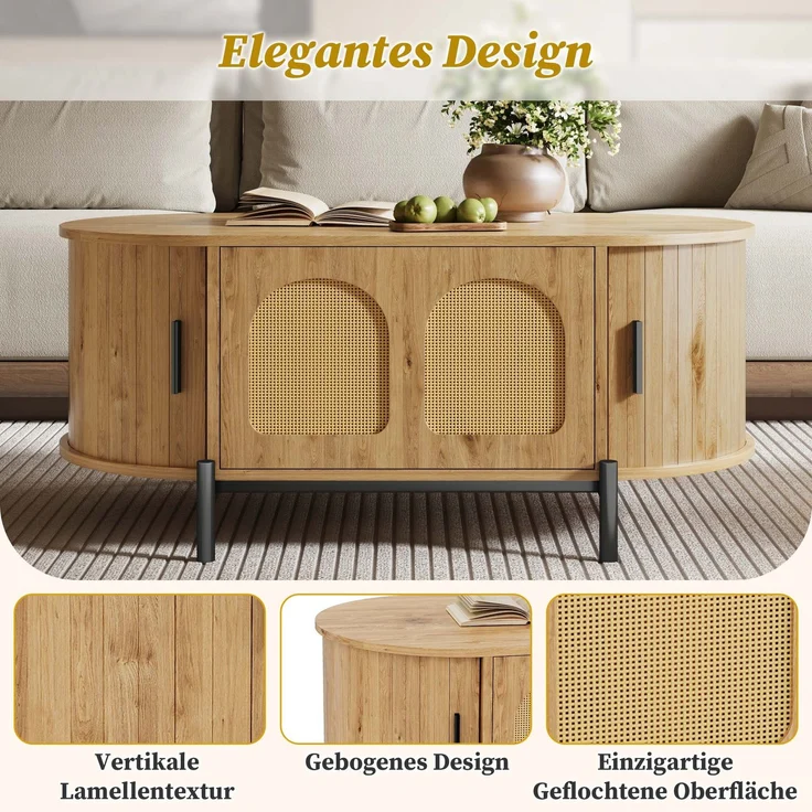 Couchtisch oval B 100 x T 50 x H 40 cm, MDF in Naturfarbe mit Rattan-Türen und Metallbeinen – Bild 9