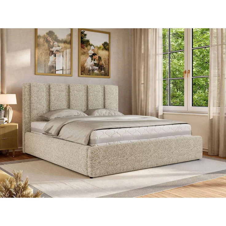 Polsterbett SAVINO CLASSIC mit Bettkasten und Lattenrost Doppelbett 140 x 200 cm mit hohem Kopfteil Stauraumbett Bett mit Gasdruckfeder - Beige Stukture – Bild 1