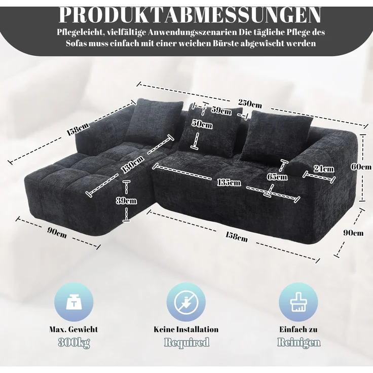 EINHOM Modernes Sektionssofa, L-Sofa, 3-Sitzer-Sofa, keine Installation erforderlich, Chenille-Sofa mit Chaiselongue und Armlehnen, 3 Kissen, Seitentasche für Fernbedienung, Schwarz – Bild 2