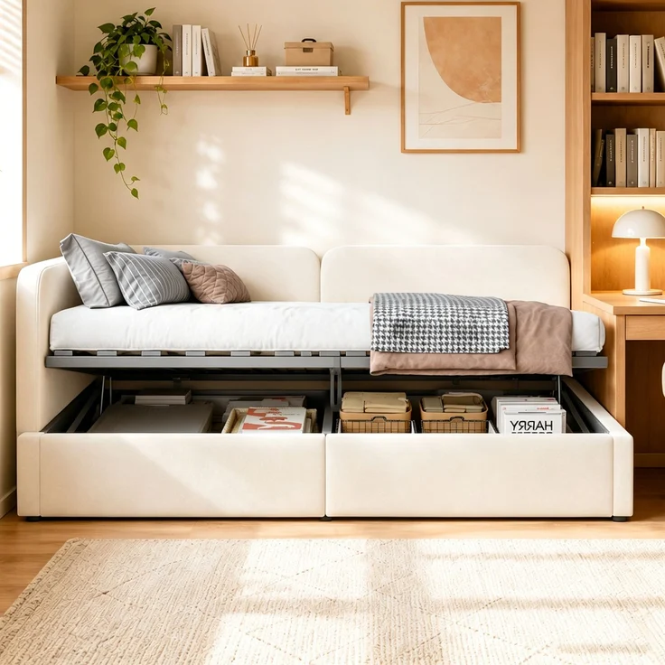 LVHOM Polsterbett 140x200 mit Stauraum, Samt Tagesbett mit Hydraulik, 2-in-1 Schlafsofa Bettgestell mit Lattenrost, Einzelbett, Beige – Bild 7