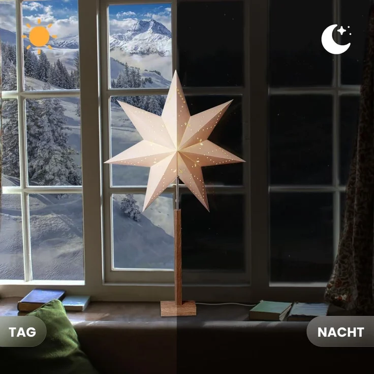 BUVTEC LED Standleuchte Stern Karo mit Holzfuß aus FSC®-Akazienholz – Weißer Papierstern 43 x 70 cm – Weihnachtsstern für Fenster, Wohnzimmer & Weihnachtsdekoration – Bild 7