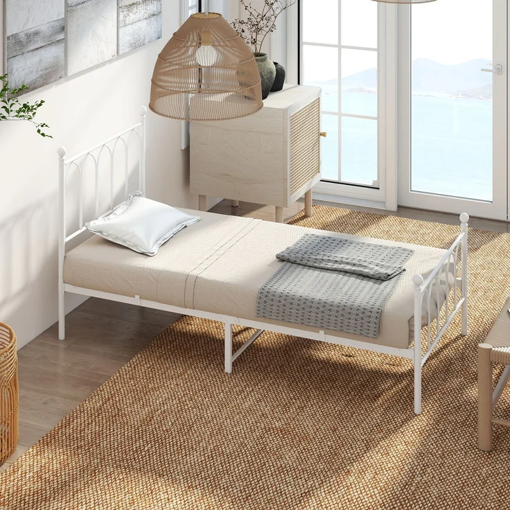 Einzelbett Metall 90x200 cm, Weiß, Lattenrost, Stauraum 27 cm, rustikal (ohne Matratze) – Bild 4
