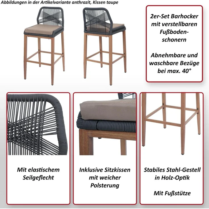 2er-Set Rope-Barhocker HWC-O21, Outdoor Sitzpolster Seilgeflecht Metall Holz-Optik ~ anthrazit, Kissen taupe – Bild 2