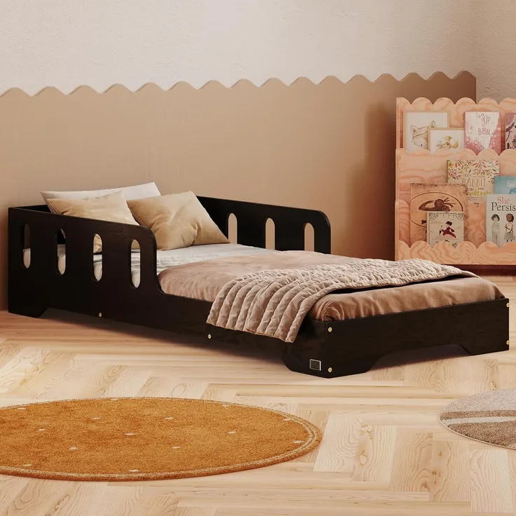 smartwood Kinderbett 100x200 cm in Schwarz - Montessori Bodenbett mit Rausfallschutz & Lattenrost - Aus handbemaltem Sperrholz - Sicher für Jungen und Mädchen - Einfache Montage - TILA 6