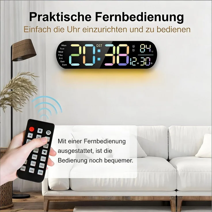 Luckice Wanduhr Digital-Wanduhr mit Fernbedienung, Timer & RGB-Nachtlicht (Automatische Helligkeitsanpassung, Dual-Alarm, moderne Wanduhr) – Bild 2