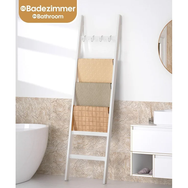 Yorbay Handtuchleiter Handtuchhalter Bambus, 6 Ebenen Leiterregal, 4 Haken und 2 Sicherheitsgurten, 43x170 cm, für Bad, Wohnzimmer – Bild 7