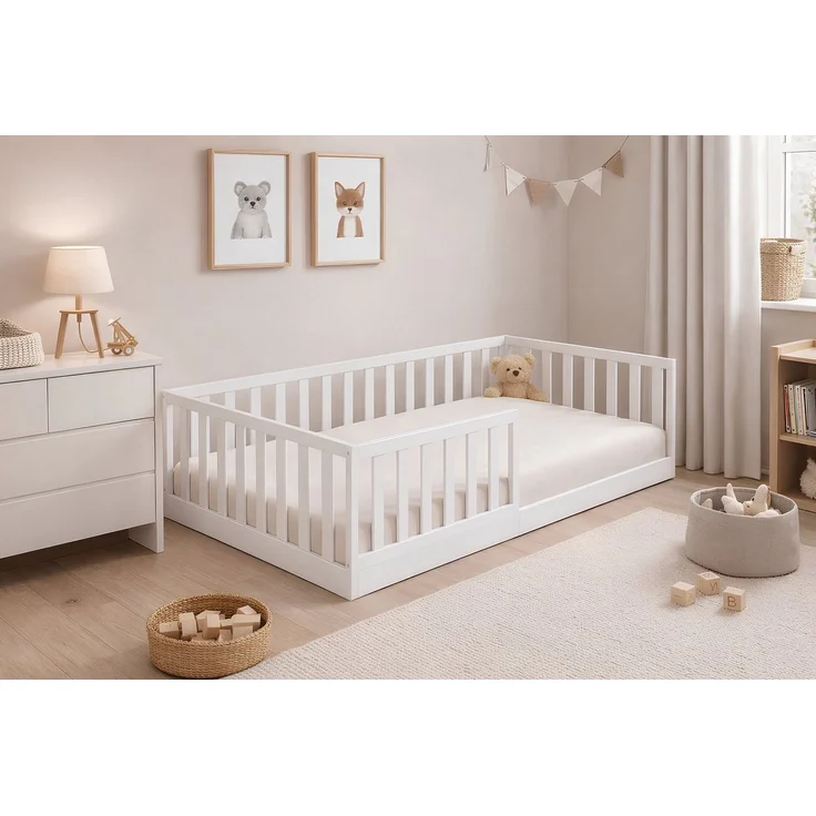Baby-Delux Einzelbett Montessori Bodenbett, Kinderbett 90x200 cm Weiß Jugendbett mit Rausfallschutz Matratze – Bild 2