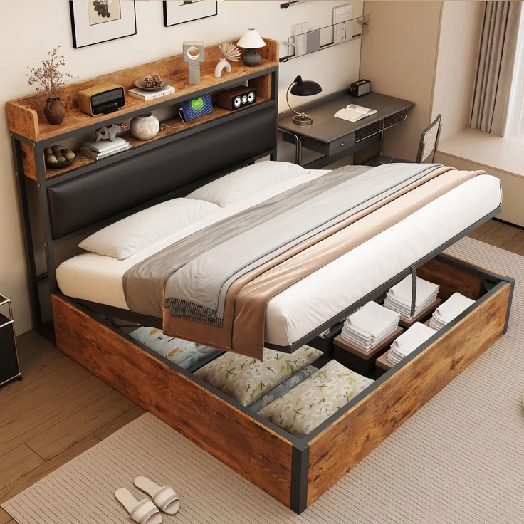 Bettrahmen 180 x 200 mit hydraulischer Hebevorrichtung, USB, gepolstertem Kopfteil, Vintage-Design aus Holz und Metall, verstecktem Stauraum Doppelbett Moderne Schlafzimmermöbel Schwarz