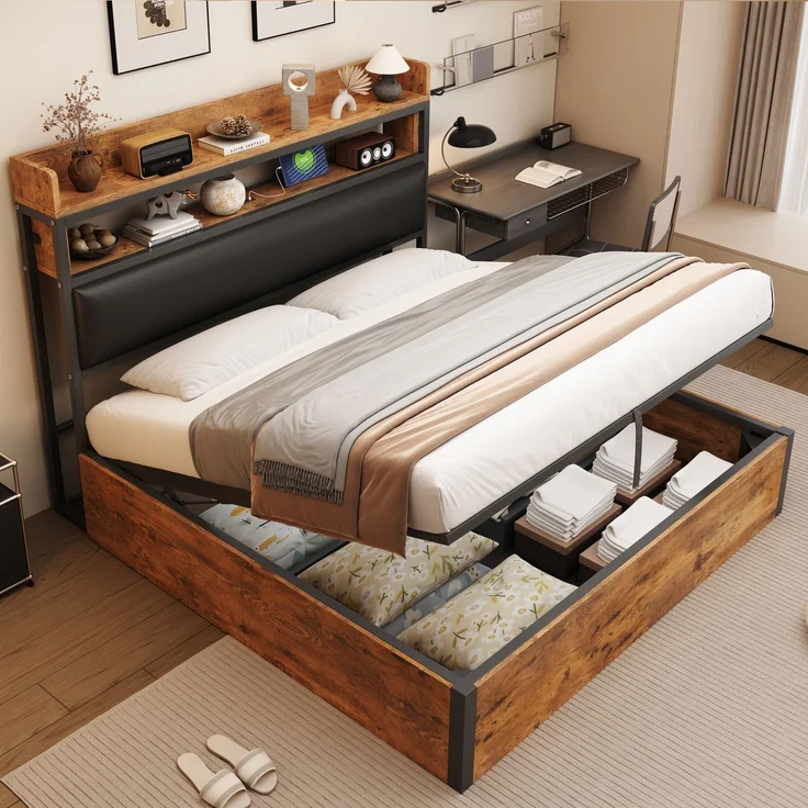 Bettrahmen 180 x 200 mit hydraulischer Hebevorrichtung, USB, gepolstertem Kopfteil, Vintage-Design aus Holz und Metall, verstecktem Stauraum Doppelbett Moderne Schlafzimmermöbel Schwarz – Bild 1
