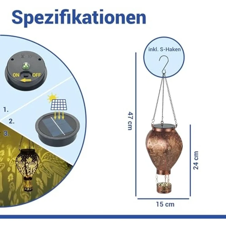 Maximex Solar Gartenleuchte Heißluftballon in Bronze-Optik, hängend, warmweiße LEDs, Dämmerungssensor, wetterfest, Solarleuchte für Garten, Balkon und Terrasse, Ø 15x47 cm, Metall – Bild 5