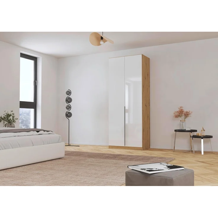 Rauch Möbel Alabama, Kleiderschrank, Garderobenschrank, 2-türig, Zubehör Basic, 1 Kleiderstange, 2 Einlegeböden, Farbe Hochglanz Weiß/Eiche Artisan, Holz, Griff Grau metallic, 91 x 229 x 54 cm – Bild 2