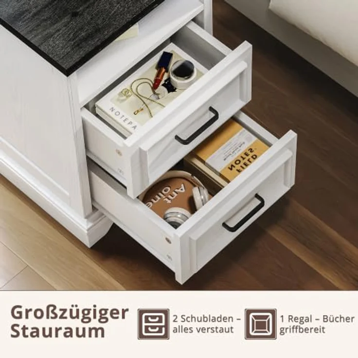 IRONCK Nachttisch Nachtschrank mit 2 Schubladen im Landhausstil, Weiß | 40cm Beistelltisch HolzNachtkästchen Schmal Nachtkommode Sofatisch für Schlafzimmer/Wohnzimmer, 40x40x60cm – Bild 4