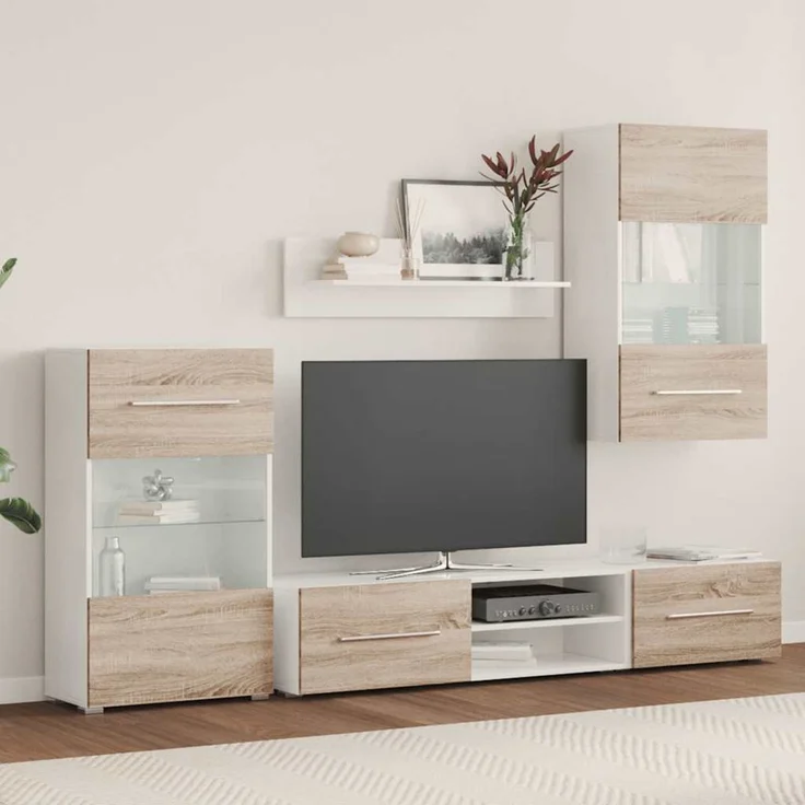5-tlg. Wohnwand Schrankwand mit LED-Beleuchtung Sonoma-Eiche Holzwerkstoff – Bild 3