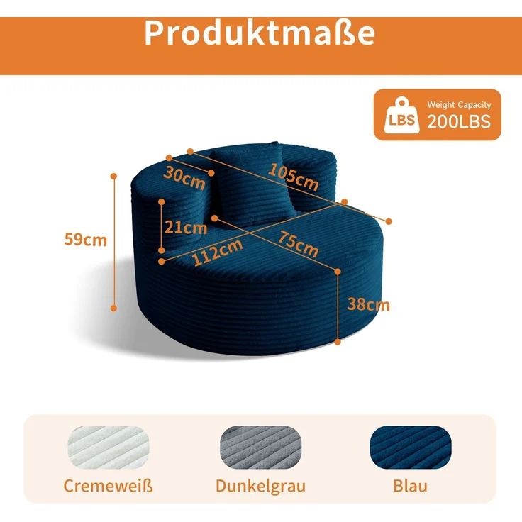 DESVIAE Sitzsack mit Zusatzkissen 105x59x112 cm Kordstoff Blau – Bild 9