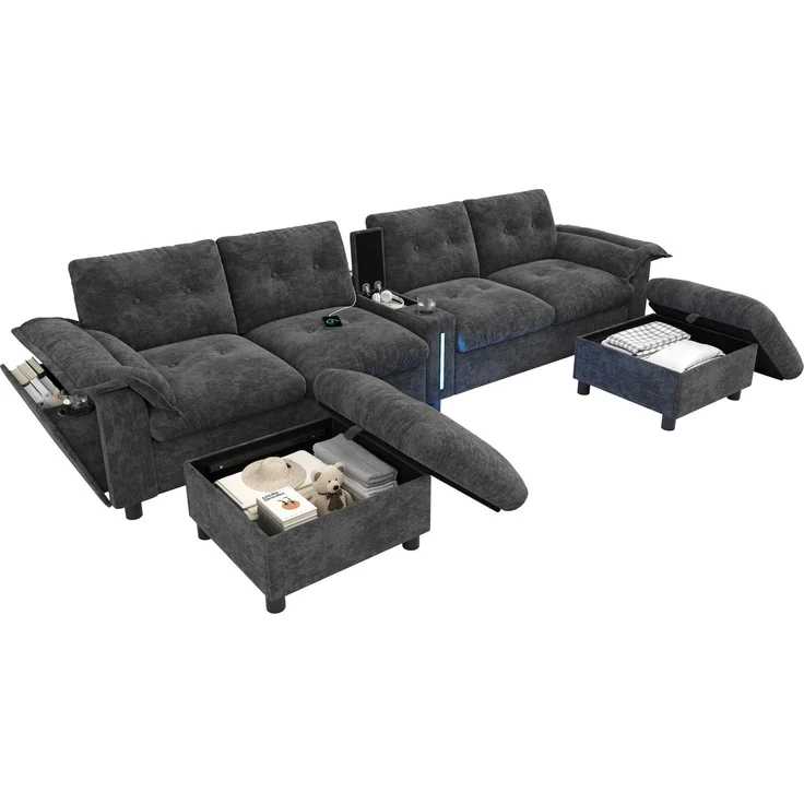 DESVIAE Sofa Modular Grau aus Chenille – 312x82x142 cm – Stauraum-Hocker, LED-Beleuchtung – Bild 7
