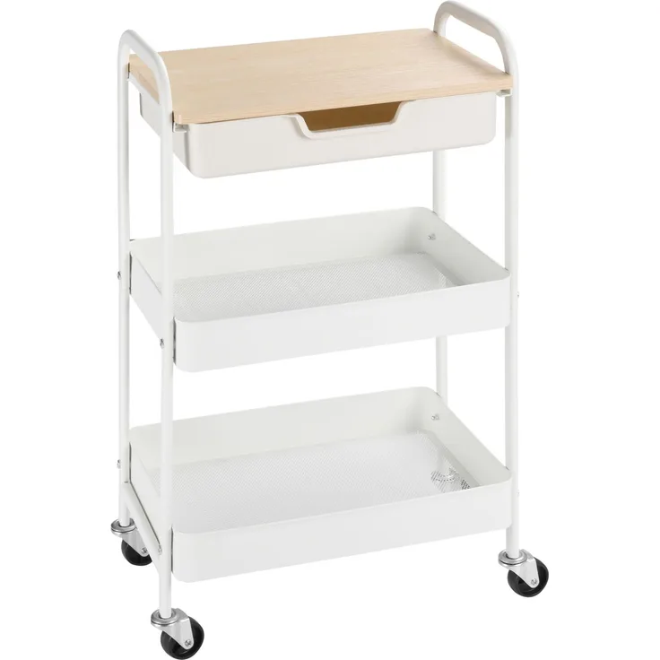 Rollbarer Küchenwagen, 2 Regale, Schublade, Ablage, 4 Rollen, Griffe, Stahl, Weiß--Weiß--43.9x30.5x75.6cm--YOUDENOVA