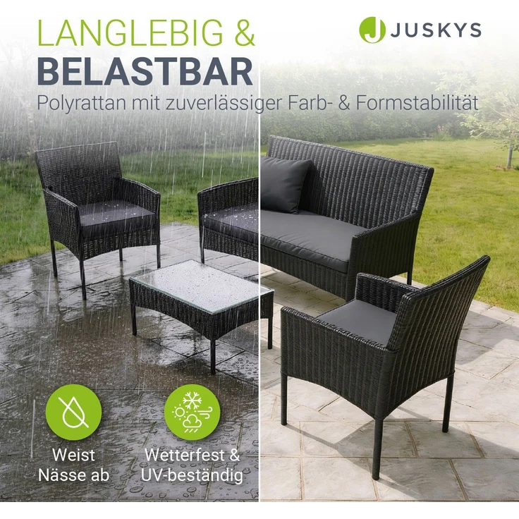 Juskys 'Fort Myers' Gartenmöbel Set mit Tisch, Sofa & 2 Stühlen, Polyrattan, 60x35 cm, Schwarz / Grau – Bild 3