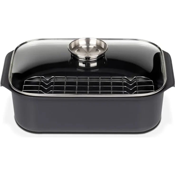 GSW Rechteckbräter Gourmet mit Aroma-Glasdeckel und Grilleinsatz, Aluguss, Induktionsfähig, Schwarz, ø ca. 40x26 x H 11cm – Bild 2