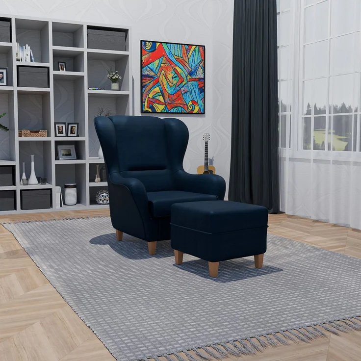 Supellex Sofia Ohrensessel mit Hocker | Design Kunstleder Milano Blau – Bild 2