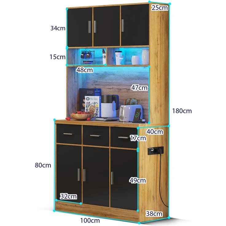 100x40x180cm, multifunktionales Buffet mit LED-Beleuchtung mit APP-Steuerung, Schubladen, verstellbaren Einlegeböden, Kabelführungslöchern und Steckdosen, ideal für Küchen und Esszimmer – Bild 10