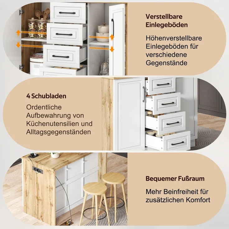 Kücheninsel 120 x 60 x 90 cm aus MDF mit 4 Schubladen, verstellbaren Einlegeböden und Steckdosen – Bild 8