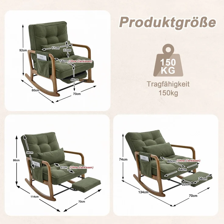 LVHOM Schaukelstuhl mit ausziehbarer Fußstütze, Relaxsessel mit verstellbare Rückenlehne, Loungesessel mit Seitentasche, bis 150 kg belastbar, Grün – Bild 6