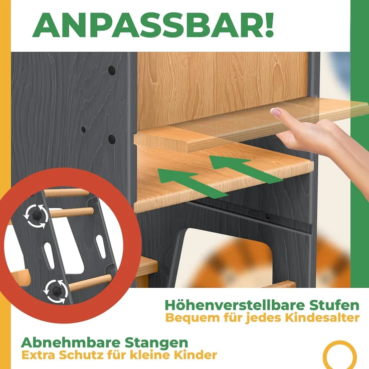 KIDIZ® Lernturm für Kinder ab 1 Jahr inkl. Lernuhr | 3-stufig Höhenverstellbarer Tritthocker aus Kiefernholz | spielerisch motorische Fähigkeiten fördern Montessori Learning Tower bis 50 kg belastbar Anthrazit / Hellbraun – Bild 6