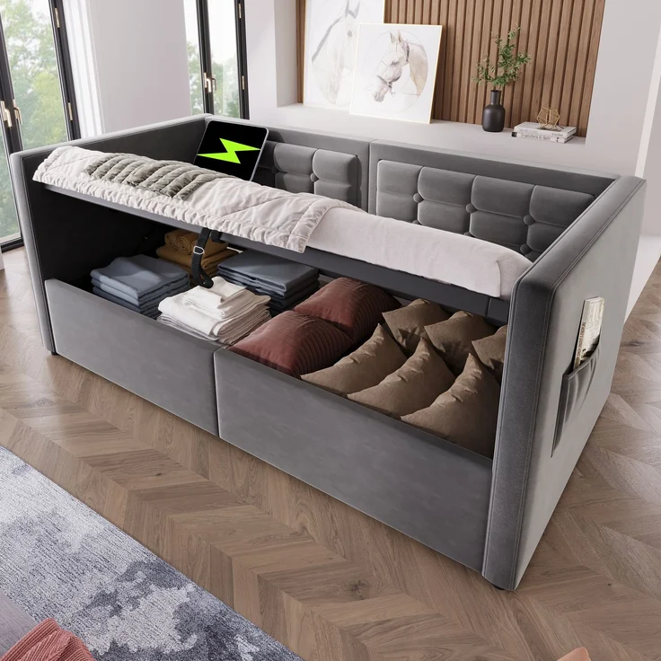 Polstertes Schlafsofa 205×106×75cm,Samt mit hydraulischem Stauraum, USB- & Type‑C‑Ladestation,Grau – Bild 5