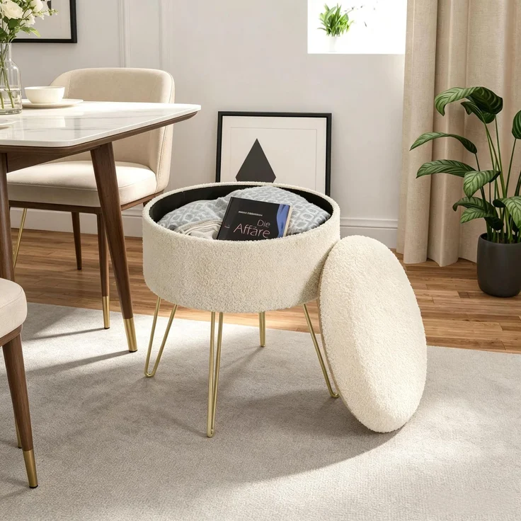 Fußhocker,Beistelltisch,Runder Hocker mit Aufbewahrungsraum,Couchtisch,Umkleidetisch Hocker(nur mit 1Pcs Fußhocker)--Beige--39x39x44cm--YOUDENOVA – Bild 7