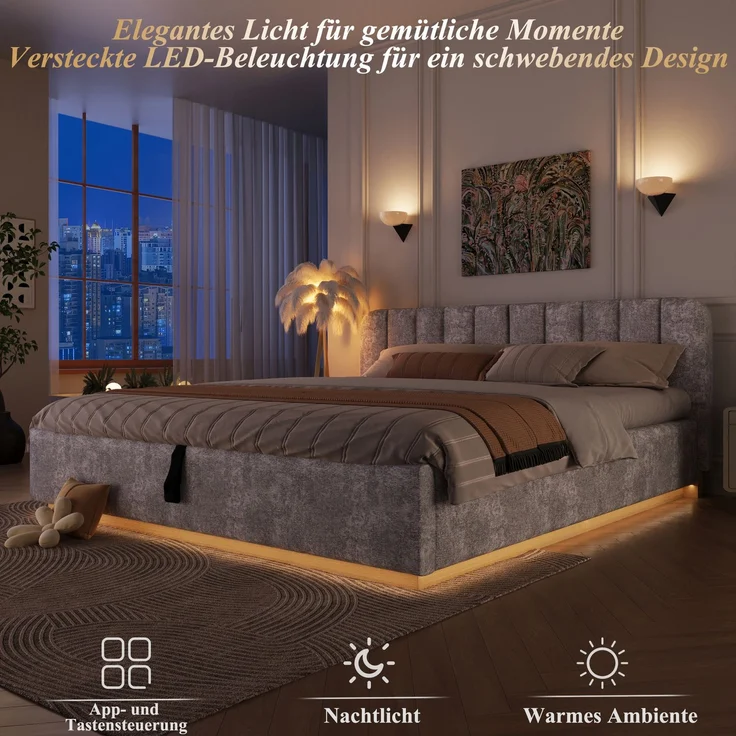 Polsterbett, Doppelbett, 180 x 200 cm, Bett mit Lattenrost, Kopfteil,Gepolstertes Kopfteil,Hydraulische Lagerung, Mit LED-Lichtleiste, Ohne Matratze, Hellgrau Chenille – Bild 5