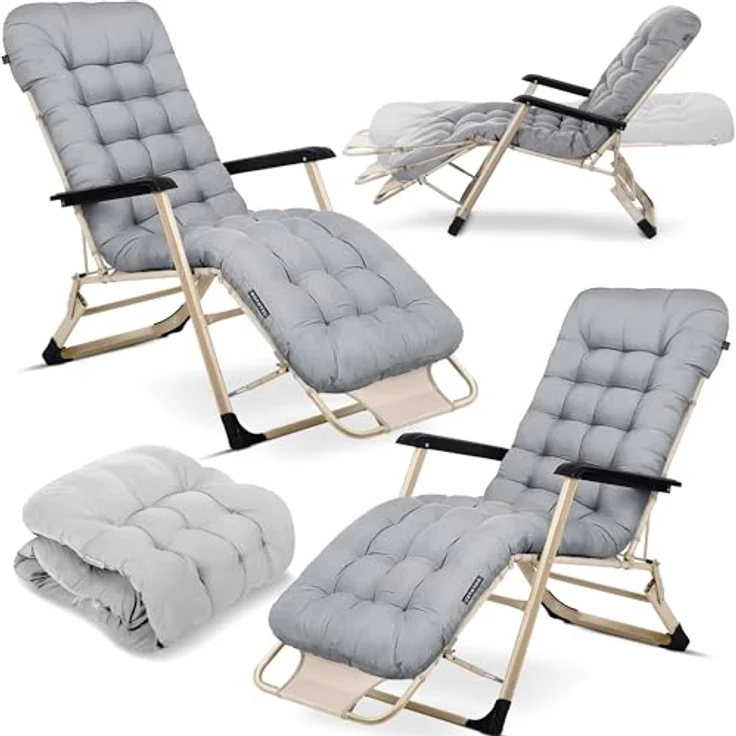 Sofotel Sonnenliege Klappbare Gartenliege Bis 120 kg Liegestuhl mit Kissen und Kopfstütze Grau Beige ChillWell Luxury 2 Stück – Bild 2
