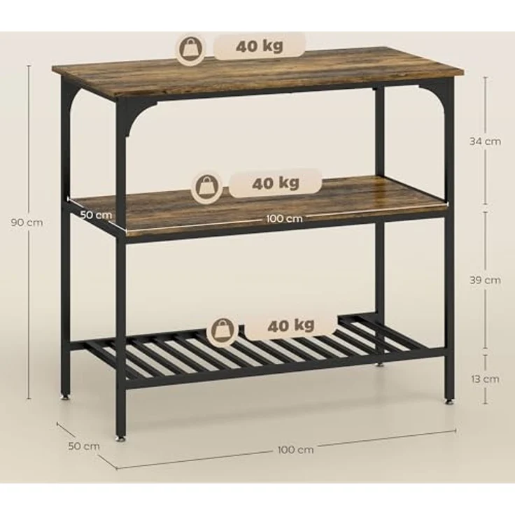 HOMCOM Küchenregal Industrielles Bäckerregal mit großer Arbeitsplatte, Stahlrahmen, 3-stufiges Standregal 1-tlg, für Esszimmer, Küche, Wohnzimmer, 100 x 50 x 90 cm, Rustikal-Braun – Bild 3